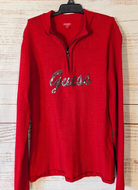 Guess Los Angeles Womens L Glam Red Sequin Logo Y2K Quarter Zip Pullover Sweater